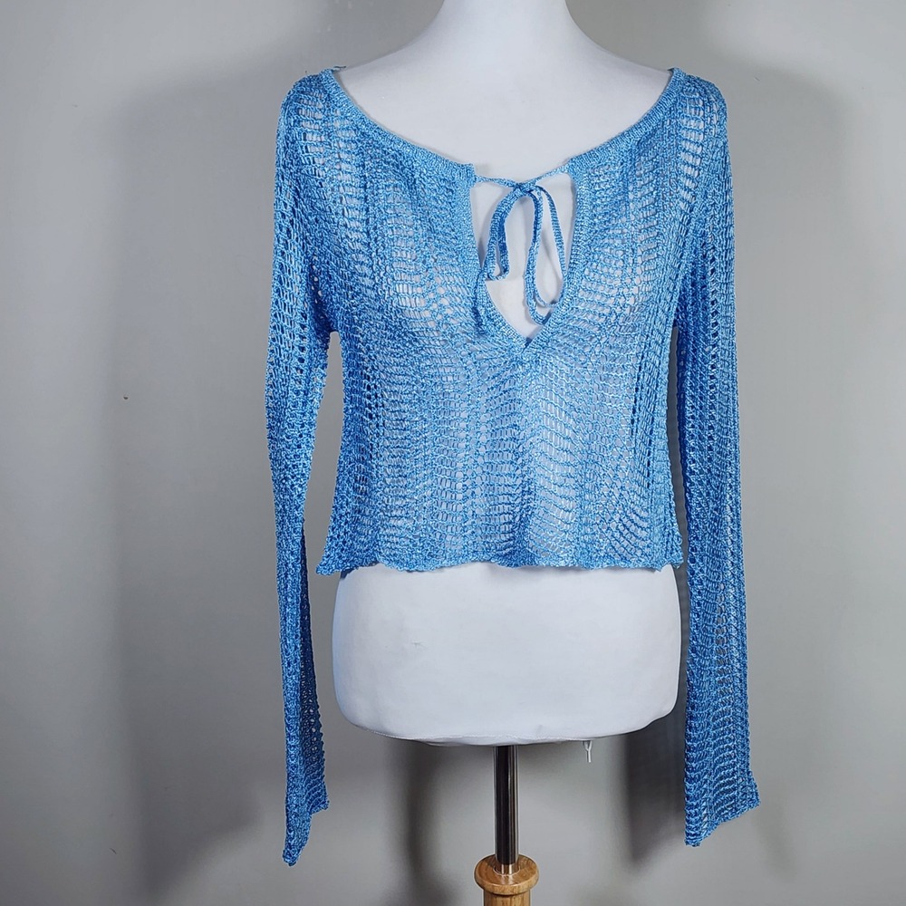 Crochet Knit Top Womens Medium Blue Tie Front Boho Festival Shrug Hippie Layer